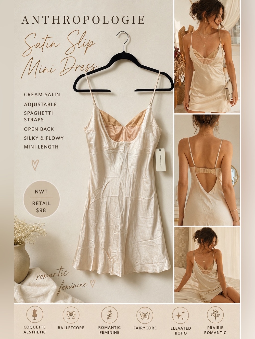 Anthropologie Satin Slip Mini Dress Cream Beige Size Medium NWT Romantic